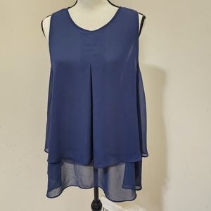 BCBGeneration‎ Large Sleeveless Top Tiered Layering Flowy Chiffon Sheer Hem Navy